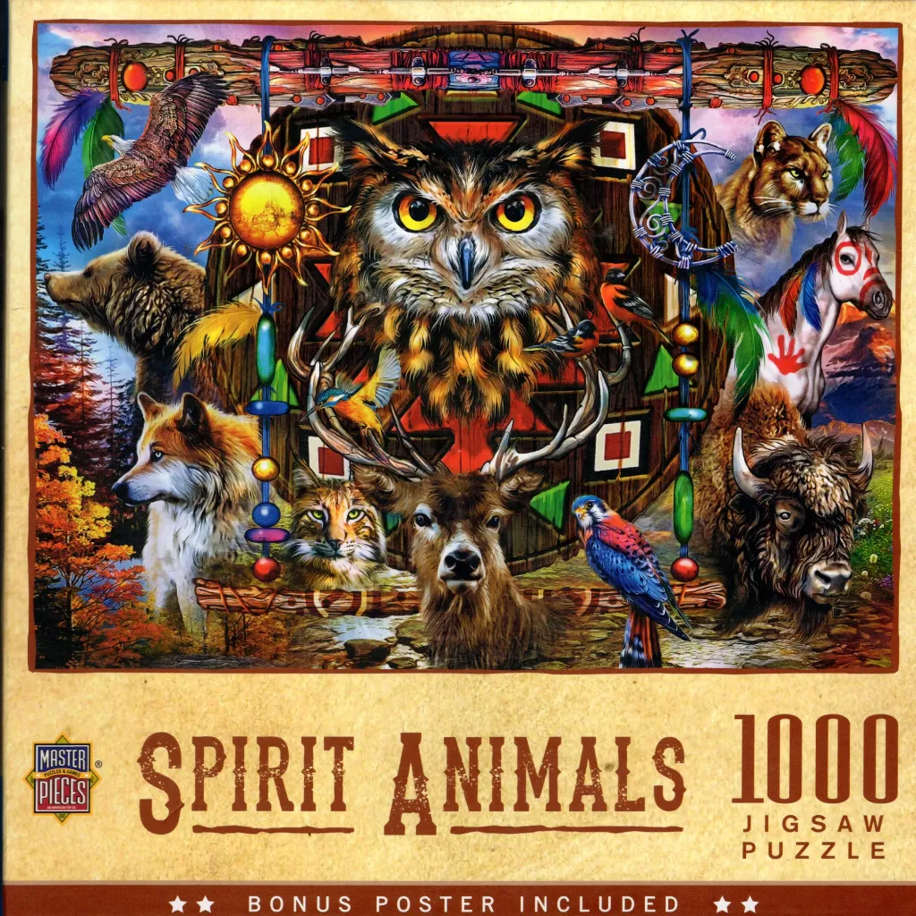 An illustration featuring a large central owl surrounded by various North American wildlife including a bear, wolf, and deer.