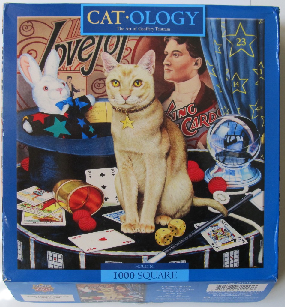 A golden cat wearing a star charm sits on a magician