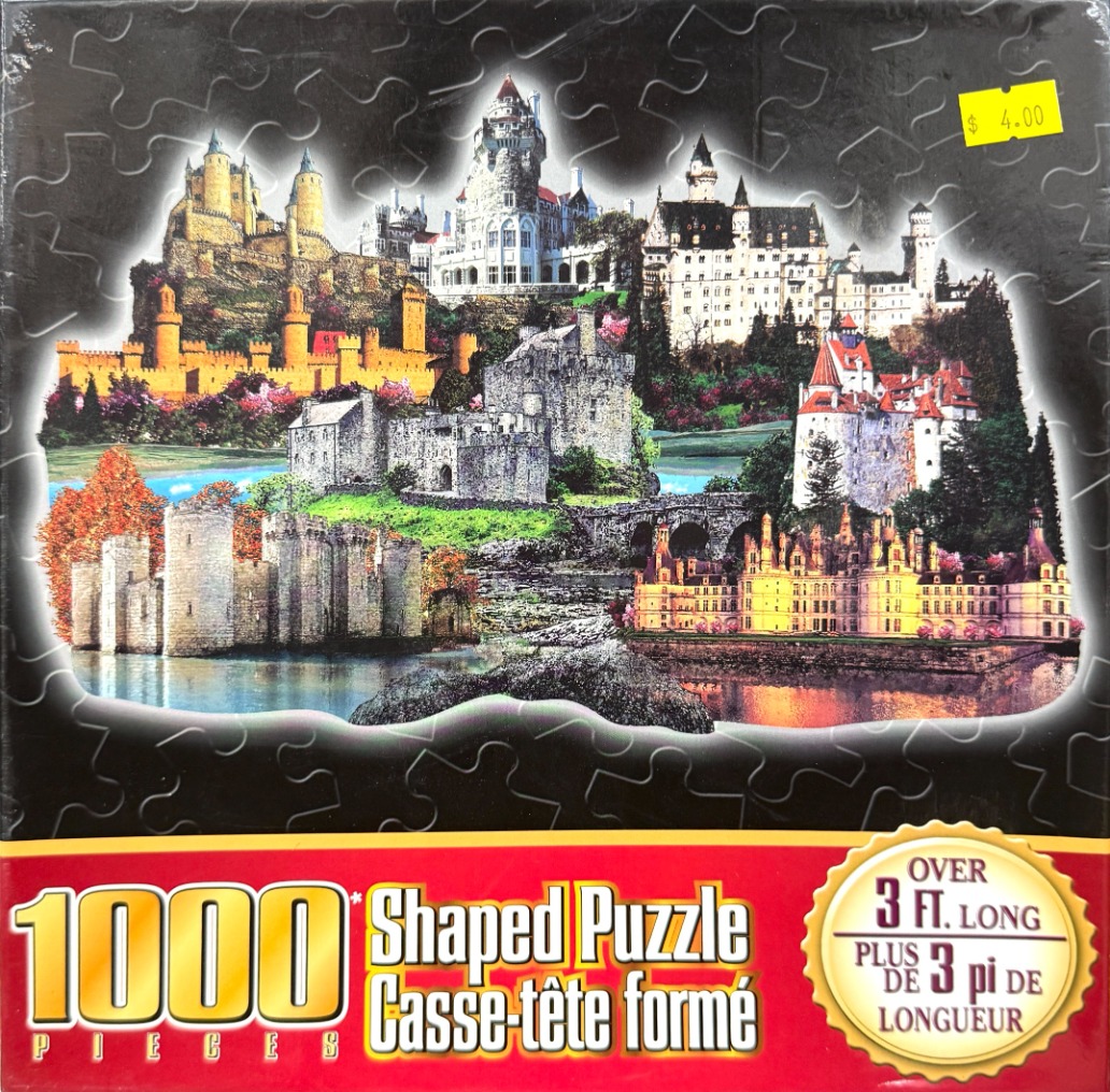 A montage of several historic European castles set against a dark background.