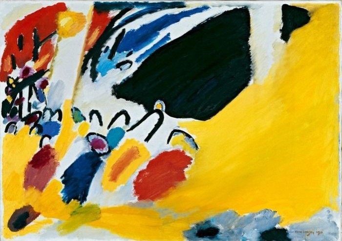 An abstract expressionist painting featuring bold yellow, red, and black shapes against a white background.