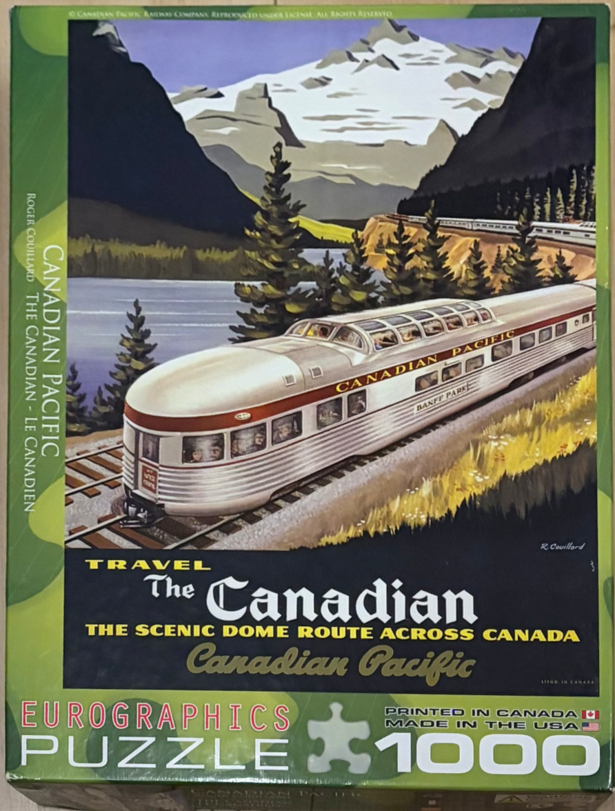 Vintage travel poster illustration of a silver domed train travelling through the Canadian Rockies.