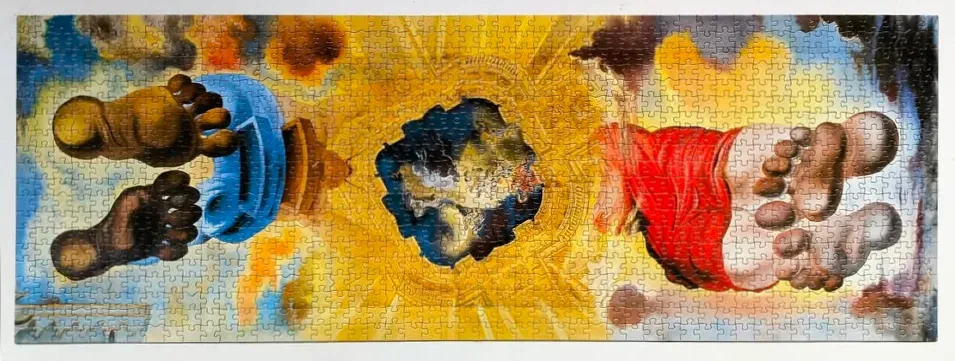 Surrealist painting featuring human feet and a central celestial portal against a bright yellow background.