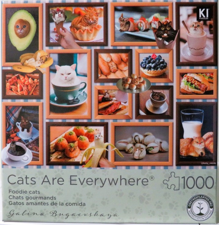 A collage of various images featuring cats digitally blended with food items like fruits, pastries, and drinks.