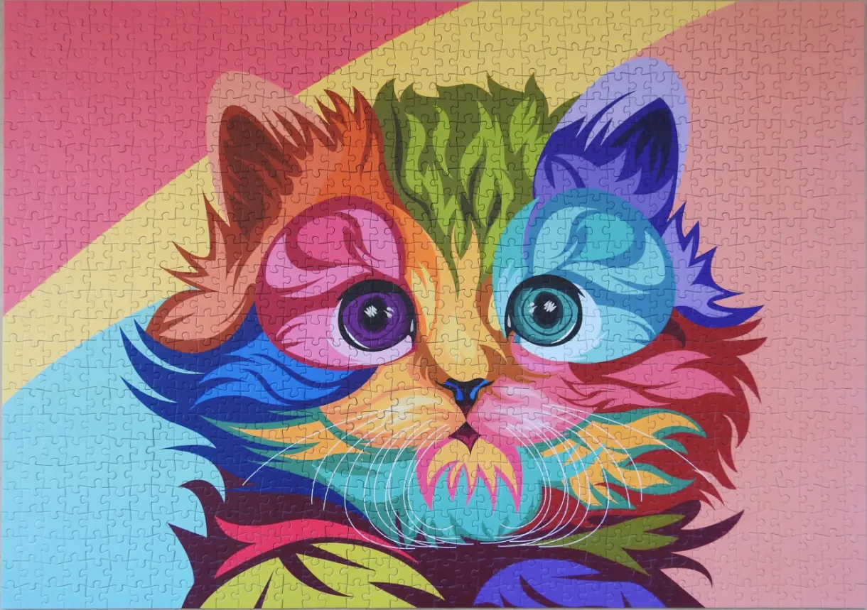 Pop art illustration of a colorful kitten against a diagonally striped background of soft pink, yellow, and blue.