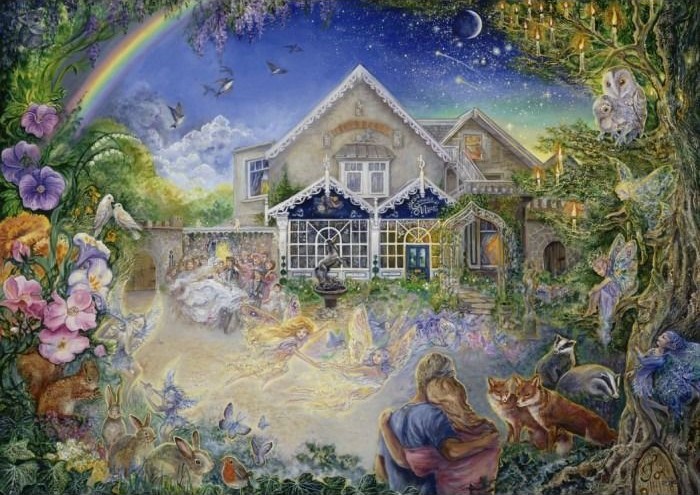 A whimsical scene of a Victorian cottage at twilight surrounded by fairies, woodland animals, and a rainbow.