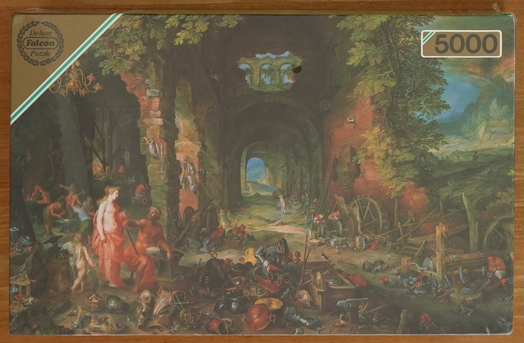 Classic oil painting of Venus and Vulcan in a cluttered, ruined blacksmith forge.