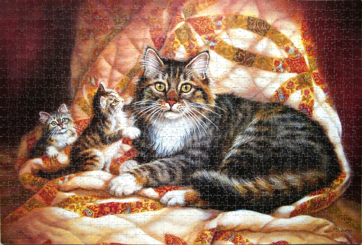 A detailed painting of a mother cat with two kittens resting on a patterned, warm-toned quilt.