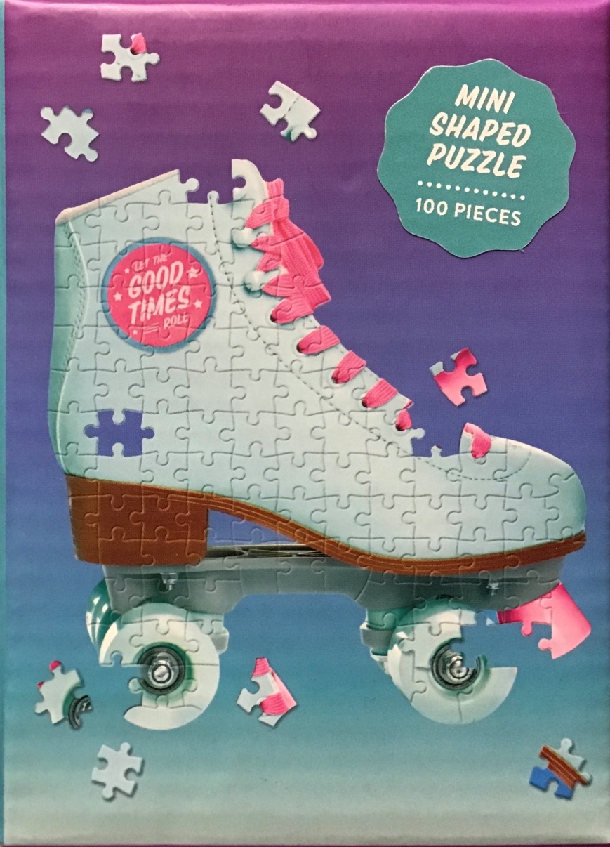 A pale blue vintage roller skate surrounded by floating puzzle pieces against a purple and blue gradient background.