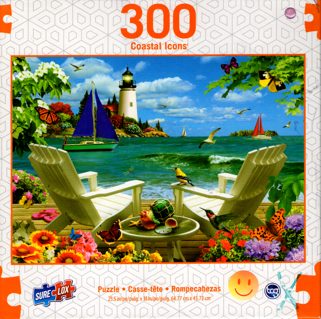 A peaceful coastal scene featuring two white chairs on a deck overlooking a bay with a lighthouse and sailboats.