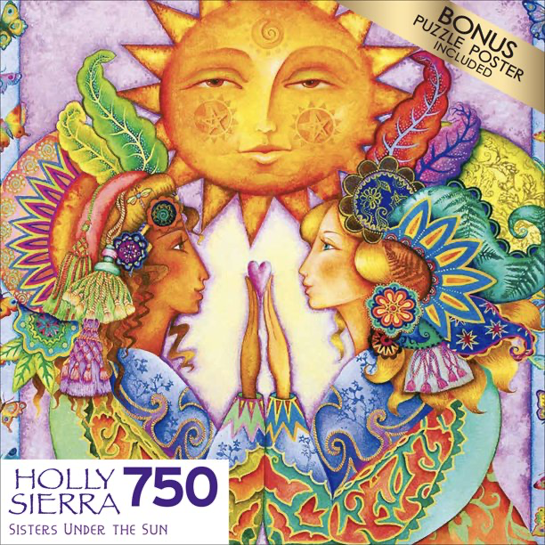 An illustration of two women facing each other under a large, golden sun, surrounded by ornate patterns and bright colors.