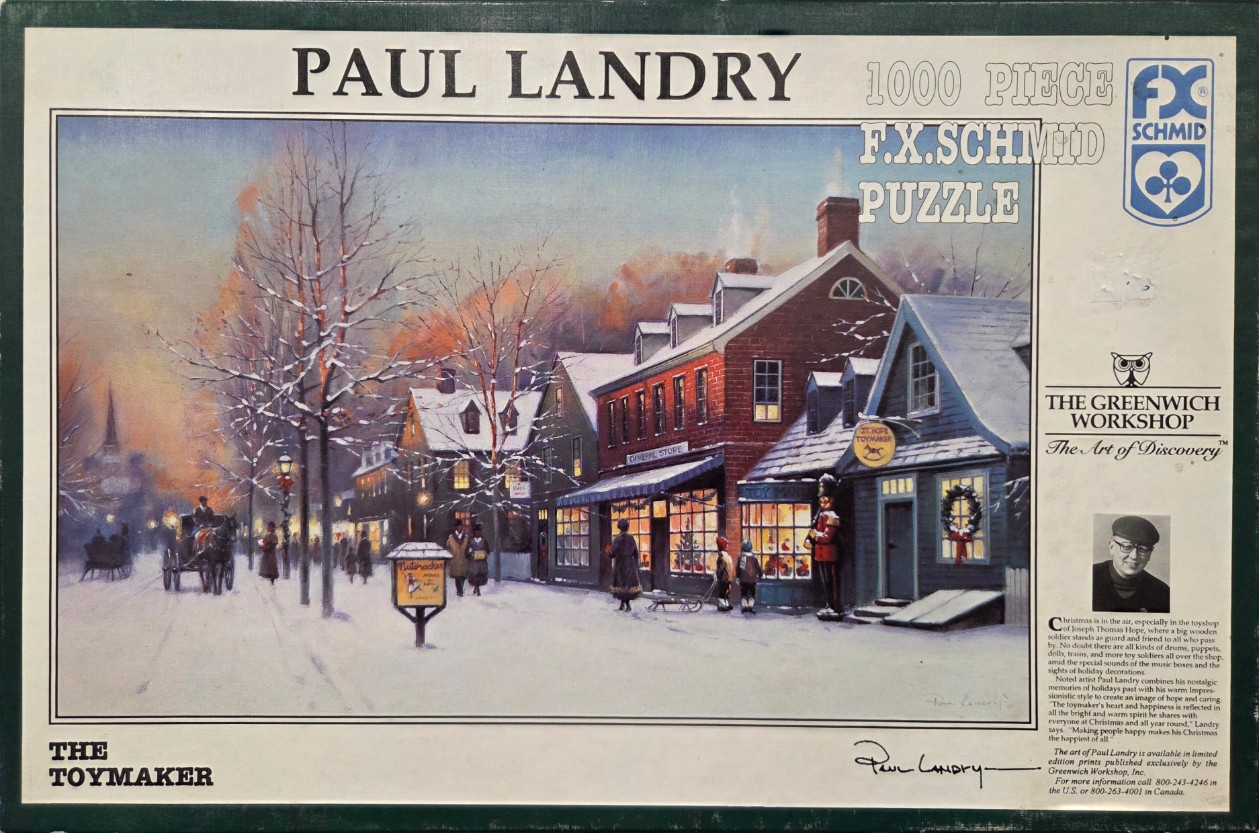 A snowy winter street scene featuring a 19th-century toy shop and horse-drawn carriage.