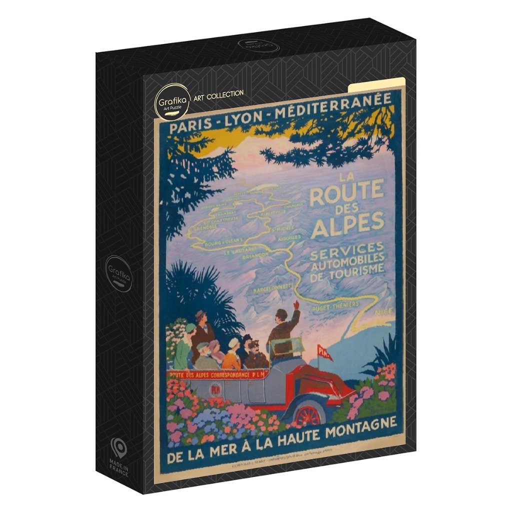 Vintage travel poster showing a group in a vintage car looking at a map of the French Alps.