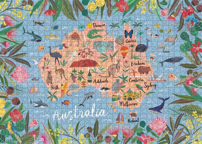 An illustrated map of Australia filled with native animals, landmarks, and botanical borders.