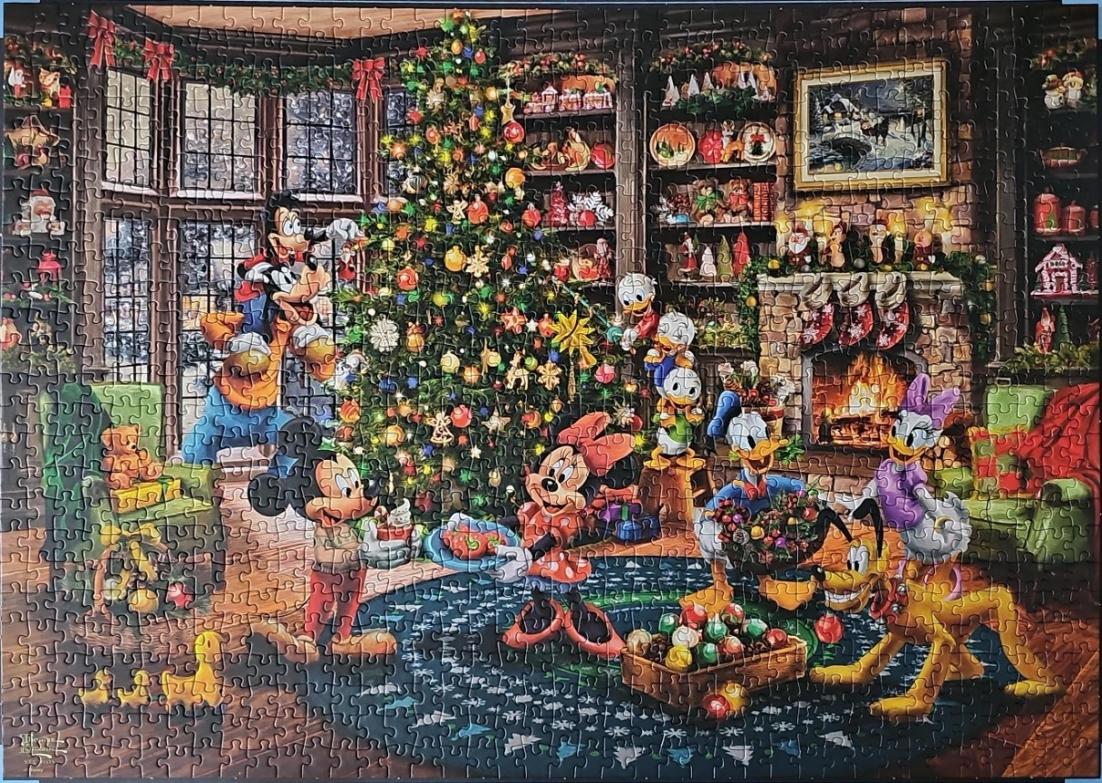 Disney characters decorating a large Christmas tree in a cozy, firelit living room.
