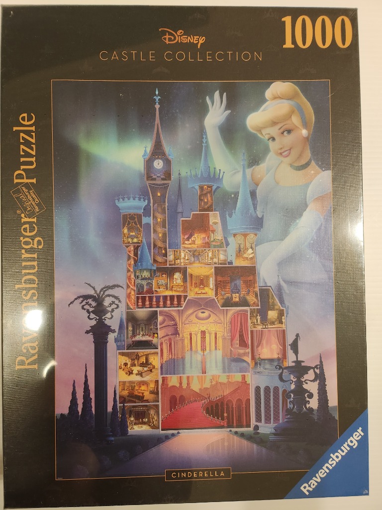 Cinderella waving in front of a magical, cross-section view of her palace at twilight.