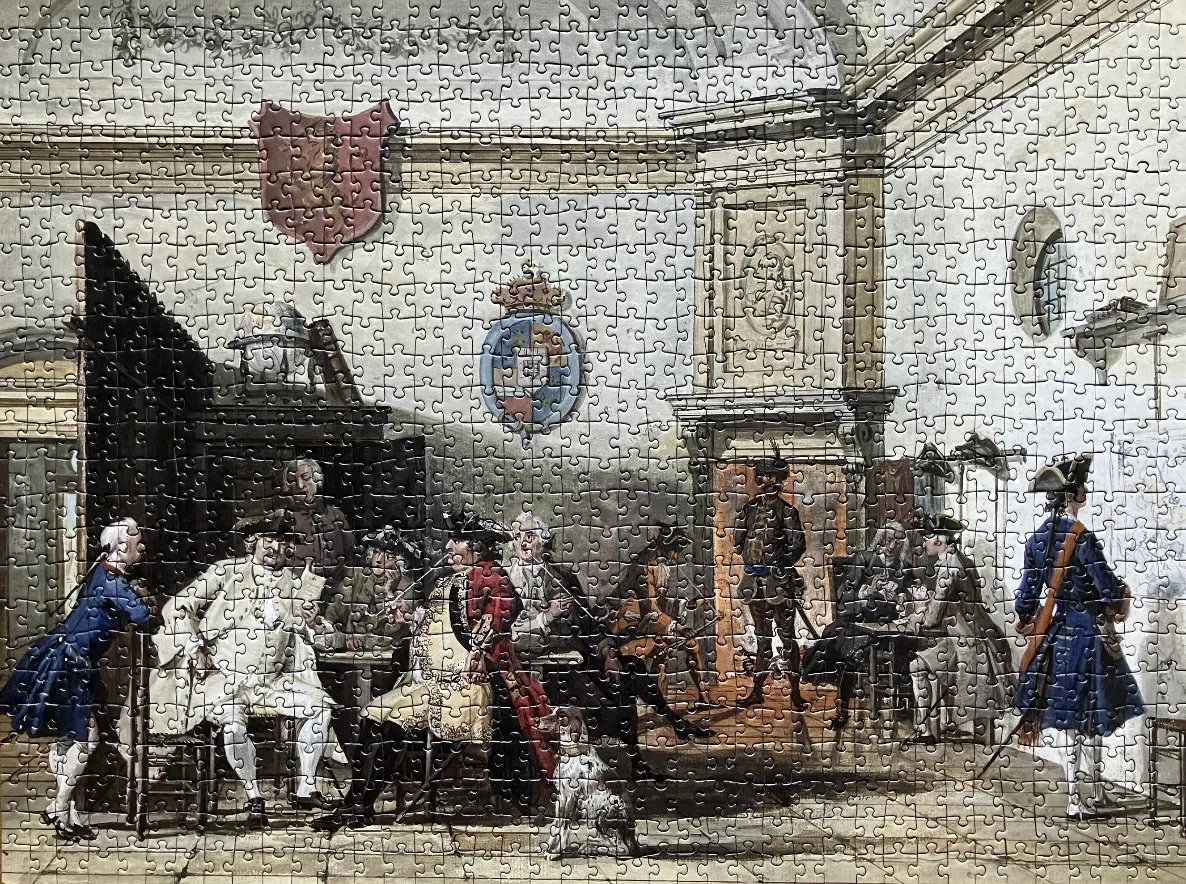 An 18th-century scene of men in colonial attire socializing in a large, architectural hall.