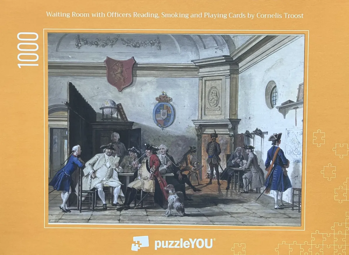 Painting of Dutch officers in a waiting room, smoking, reading, and playing cards.