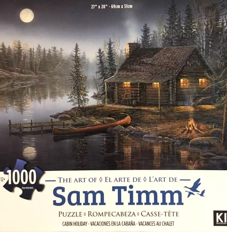 A log cabin at night by a lake, with a bright full moon, a campfire, and a canoe by the dock.
