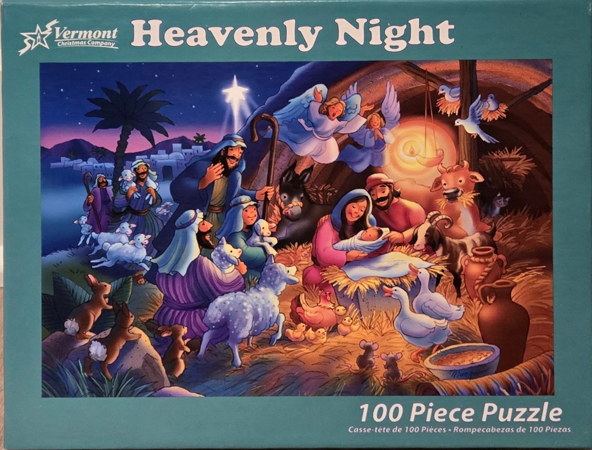 A whimsical illustration of a Nativity scene featuring the Holy Family surrounded by many animals and angels.