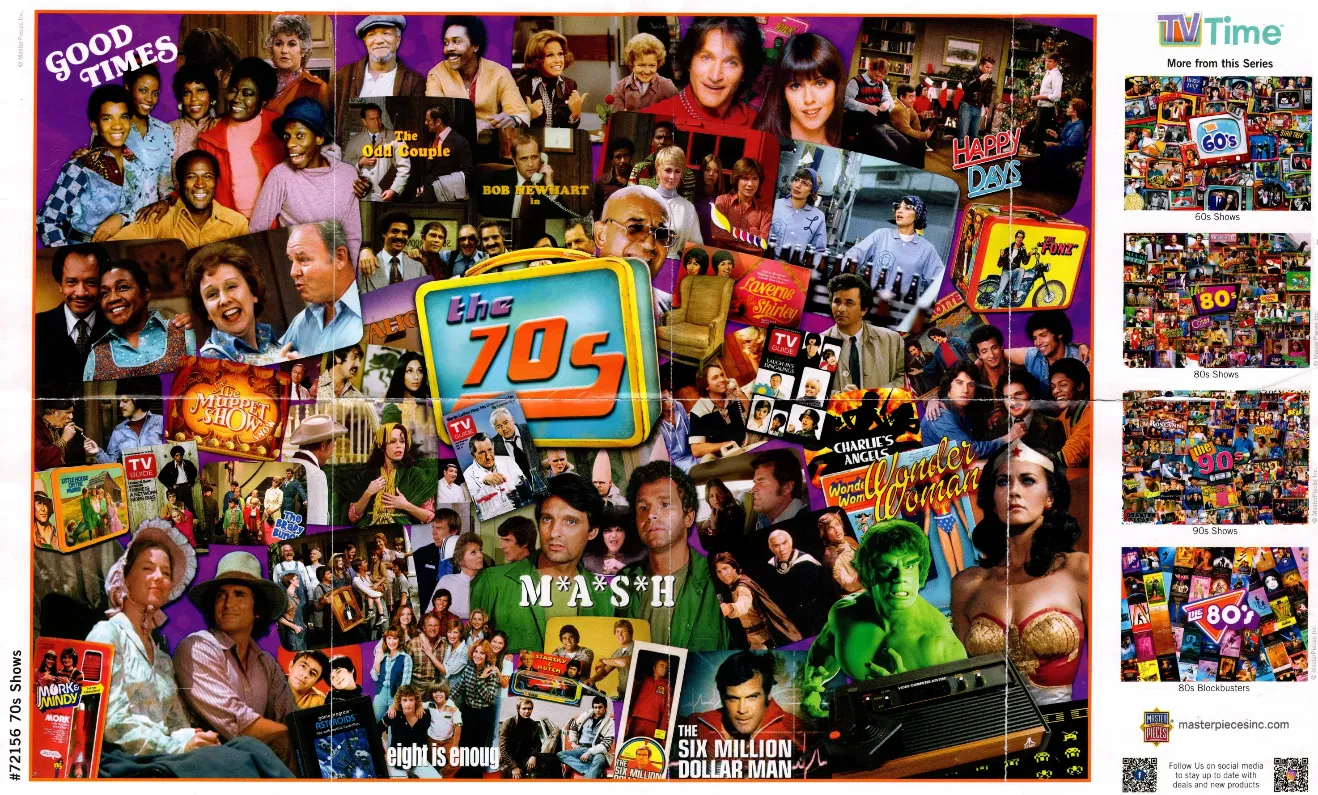 A nostalgic collage of 1970s television show characters, actors, and pop culture memorabilia.