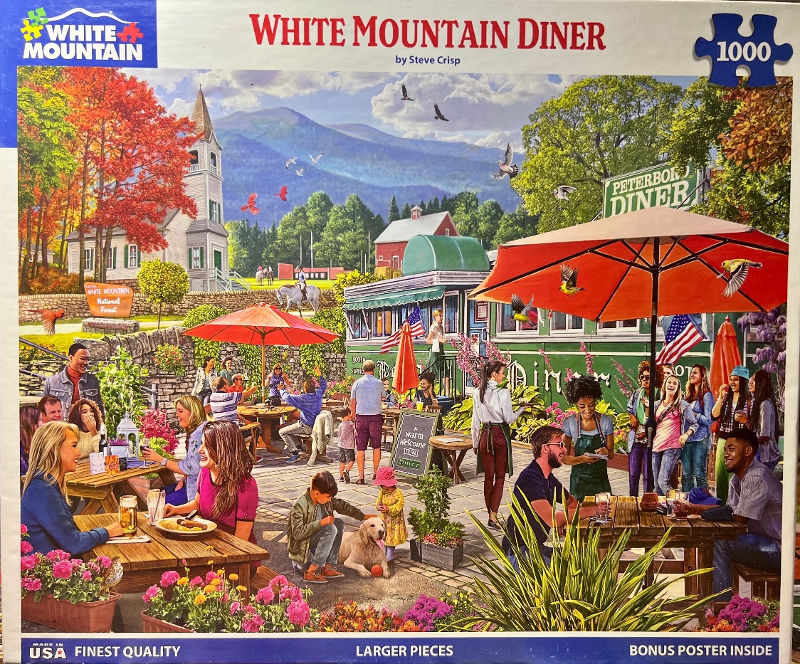A sunny outdoor scene featuring people dining at a nostalgic diner with autumn foliage and a mountain backdrop.