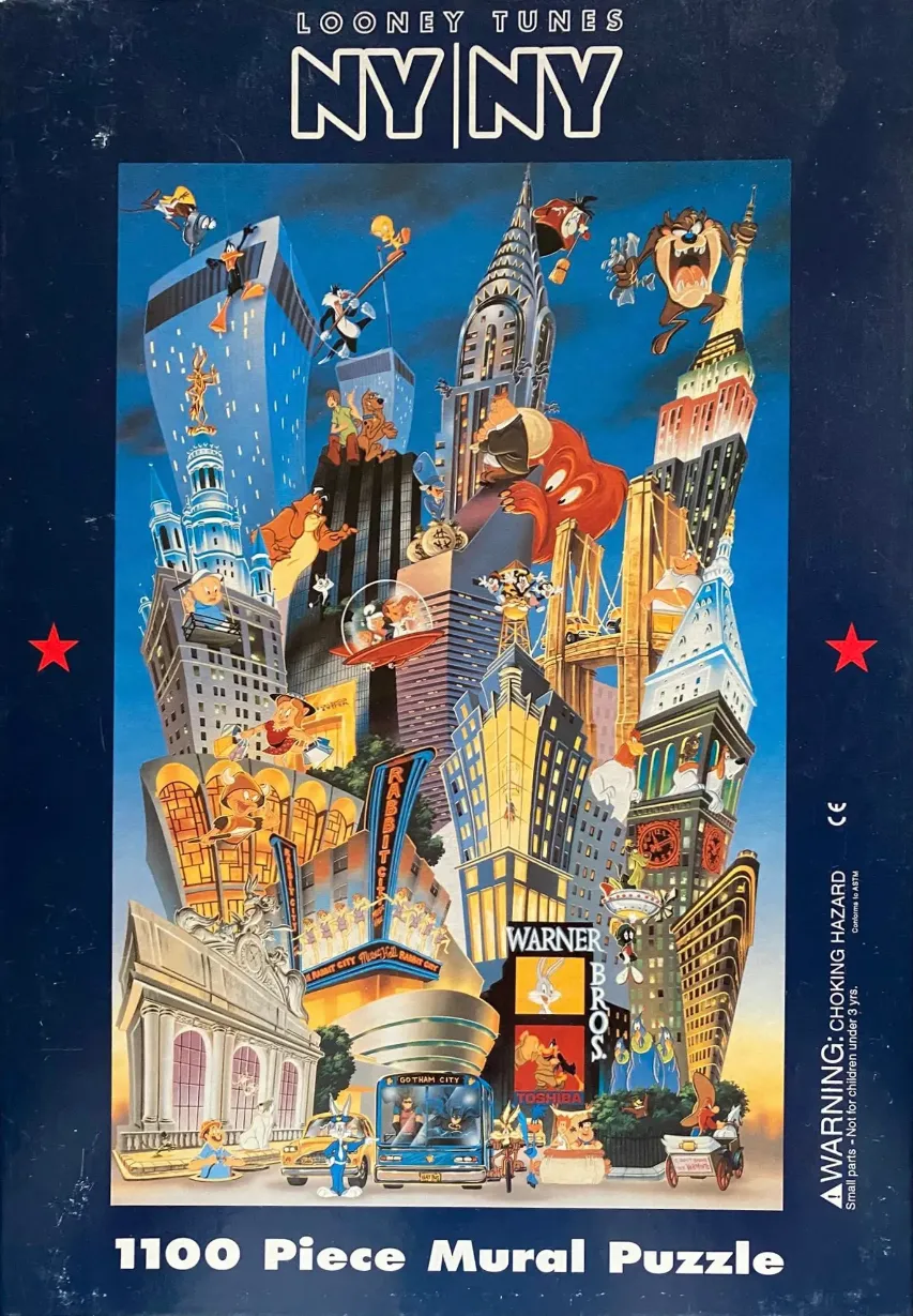 Cartoon characters from the Looney Tunes universe integrated into a stylized, bustling New York City skyline.