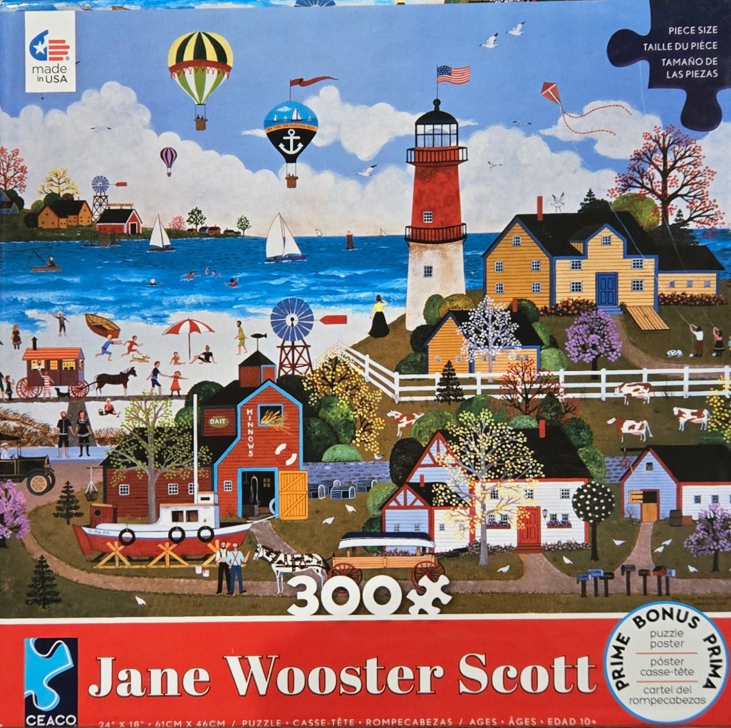 A folk art style illustration of a coastal village with a lighthouse, hot air balloons, and people enjoying the beach.