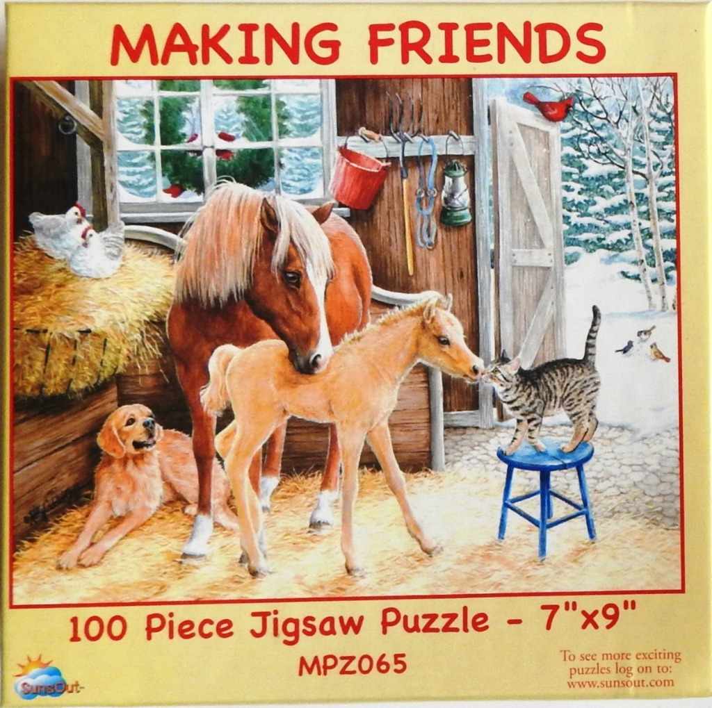 A mother horse, foal, kitten, golden retriever, and chickens in a rustic winter barn.
