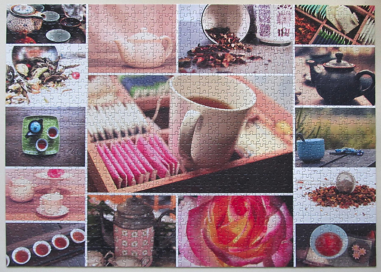 A collage of various tea-themed photographs featuring teapots, cups, loose tea leaves, and floral elements.