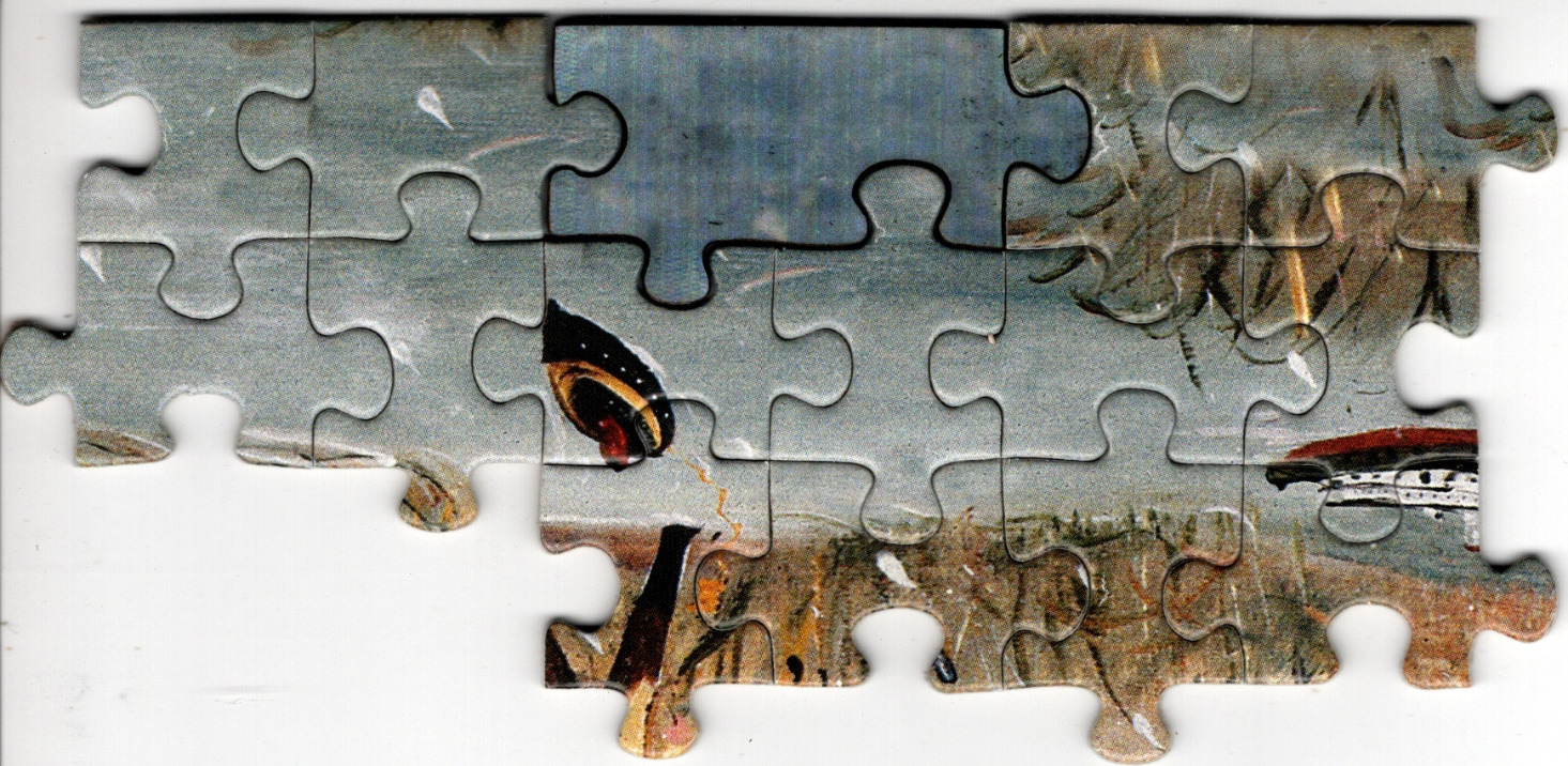 Abstract painting featuring a prominent eye motif against a weathered grey and sandy brown backdrop