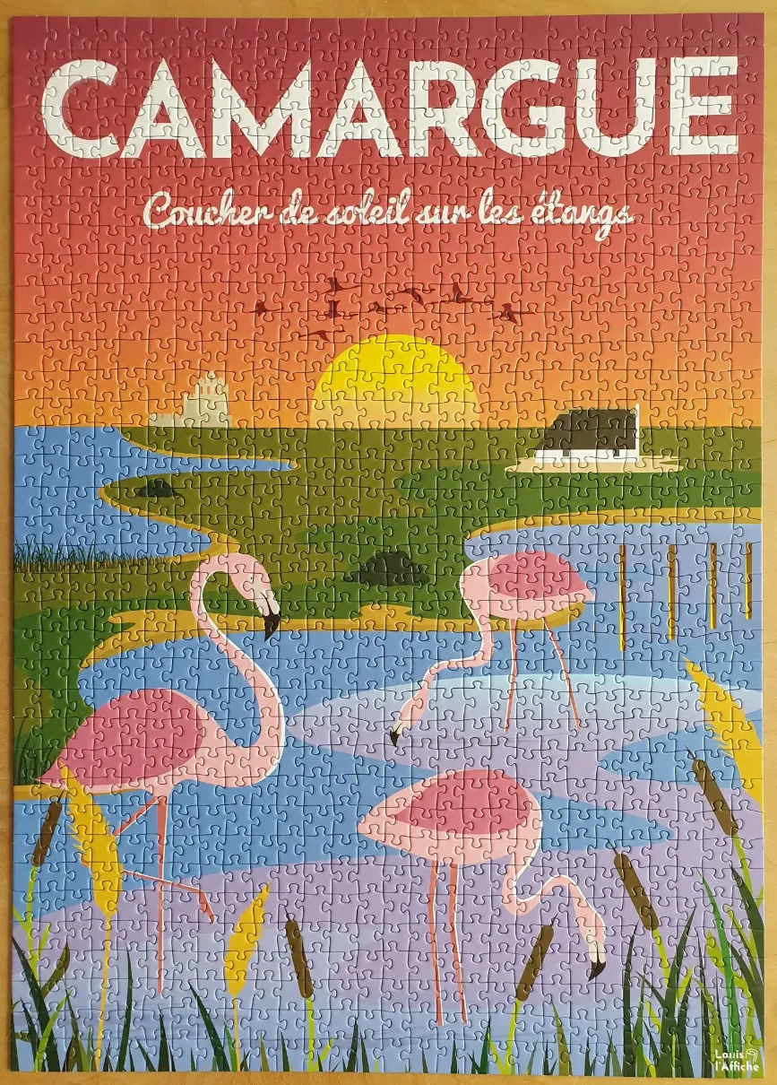 A vintage-style travel poster illustration of pink flamingos in the Camargue wetlands at sunset.