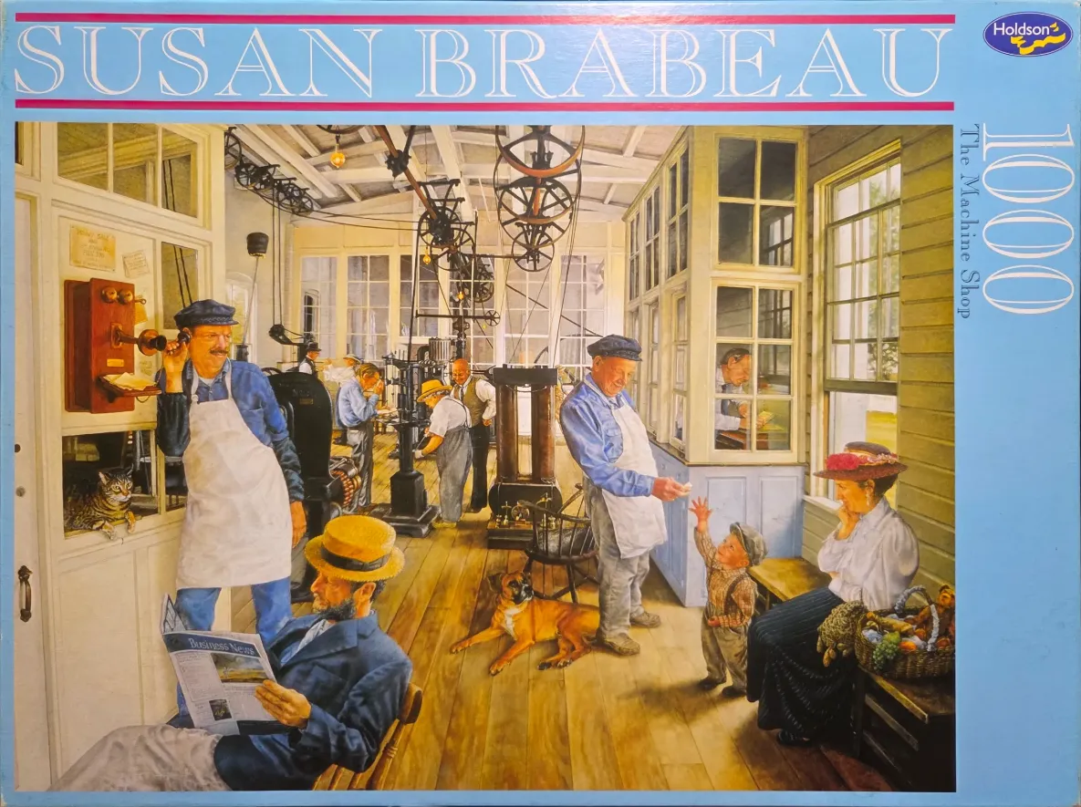 A nostalgic painting of a bustling machine shop with various workers, a man reading, and visitors.