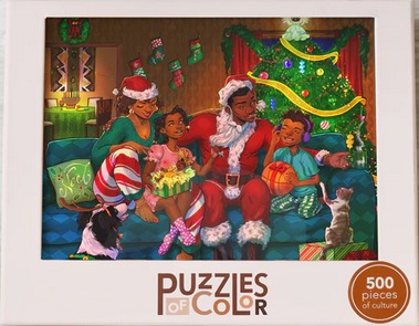 A family of four sits on a blue couch with a Santa Claus figure, a Christmas tree, and pets in a cozy living room scene.