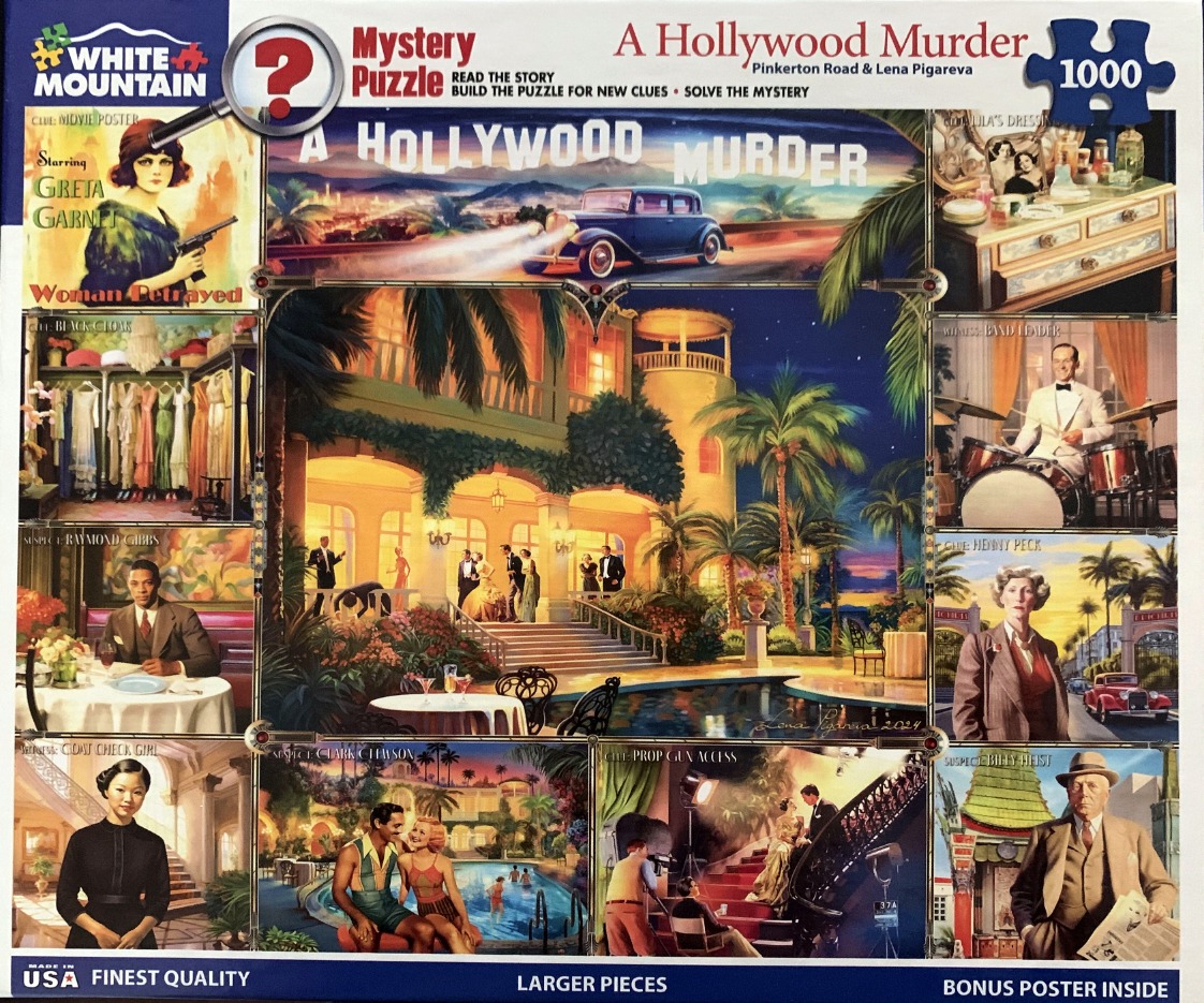 A montage of 1920s Hollywood-themed mystery scenes featuring a large central mansion and surrounding character vignettes.
