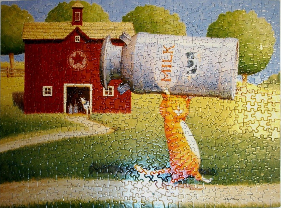 A whimsical illustration of an orange tabby cat balancing a large milk can on its head in front of a red farm barn.