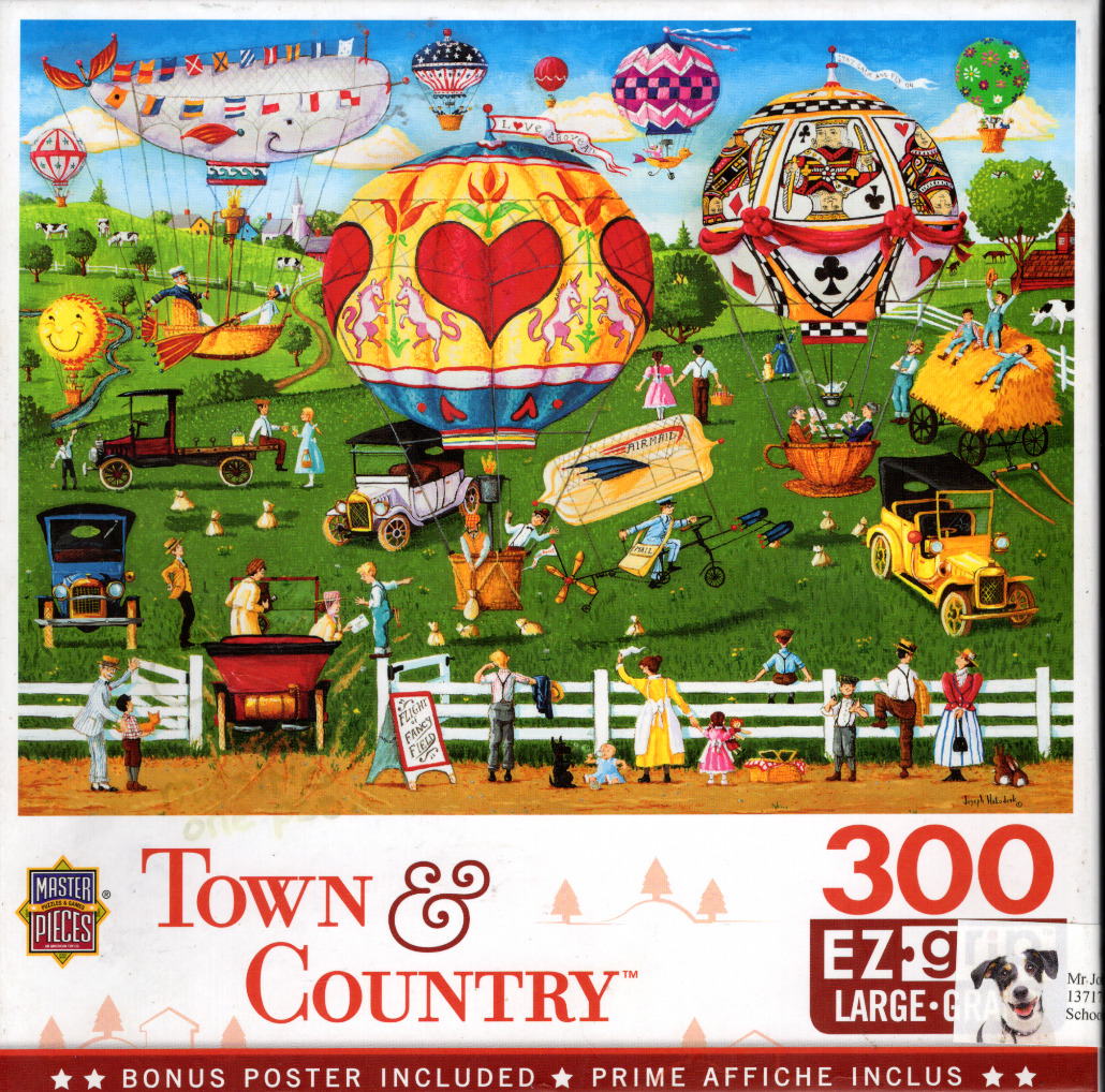 A whimsical rural scene featuring vintage cars and eclectic hot air balloons in a sunny green field.
