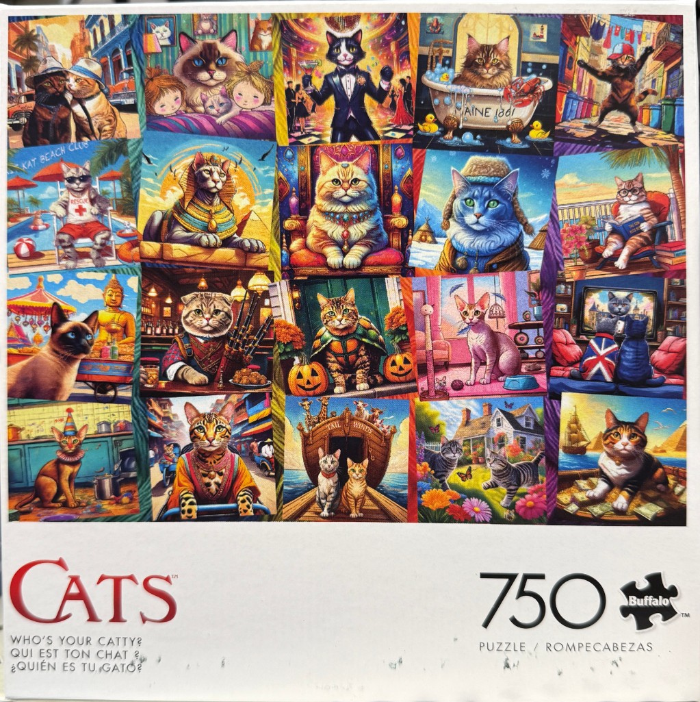 A collage of 20 different stylized cat illustrations in various whimsical themes and settings.