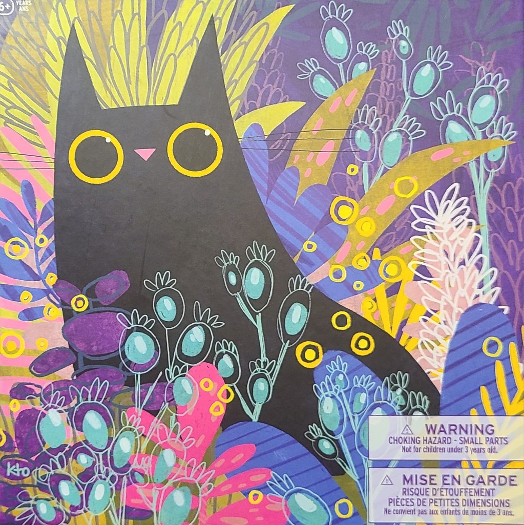A whimsical illustration of a black cat with large yellow eyes sitting in a vibrant, stylized garden.