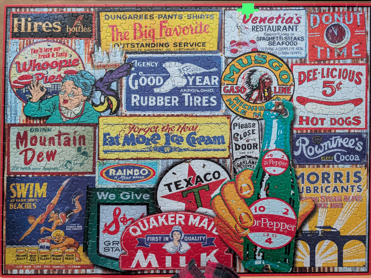 A collage of various vintage-style advertising signs and logos.