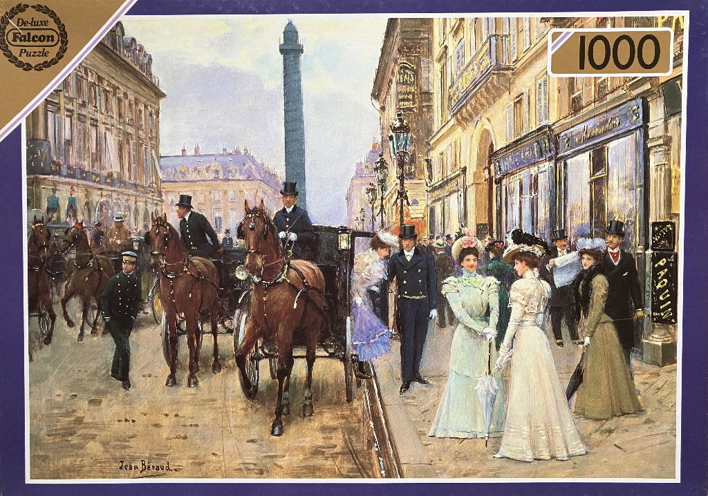 Painting of a 19th-century Parisian street scene with horse-drawn carriages and fashionable pedestrians.
