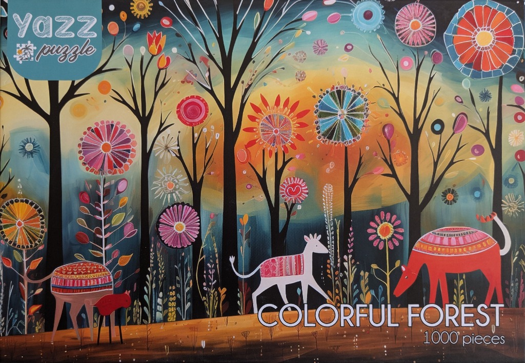 Whimsical illustration of a stylized forest with colorful patterned animals, vibrant circular flowers, and a sunset sky.