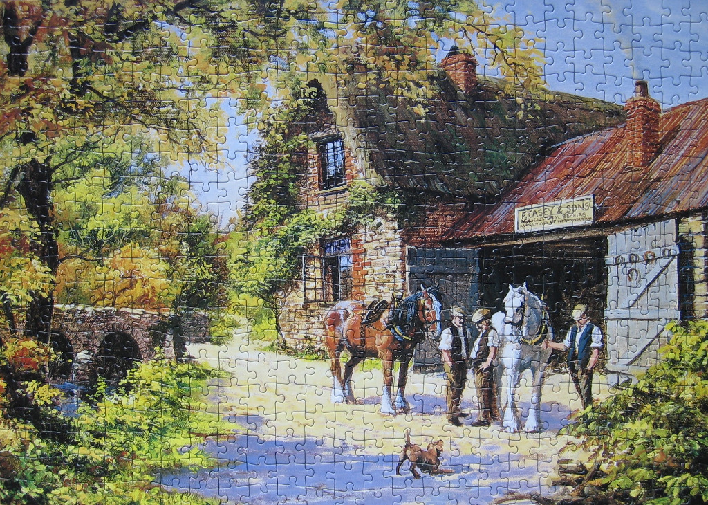 An oil painting of a rural blacksmith shop with two draft horses and three men standing in the shade.