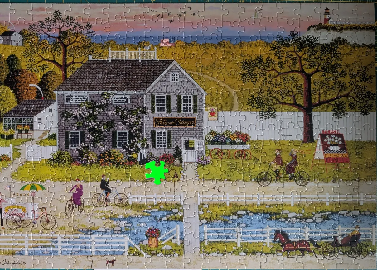 Illustration of a quaint Flower Cottage with people cycling and a horse-drawn carriage in front of a coastal landscape.