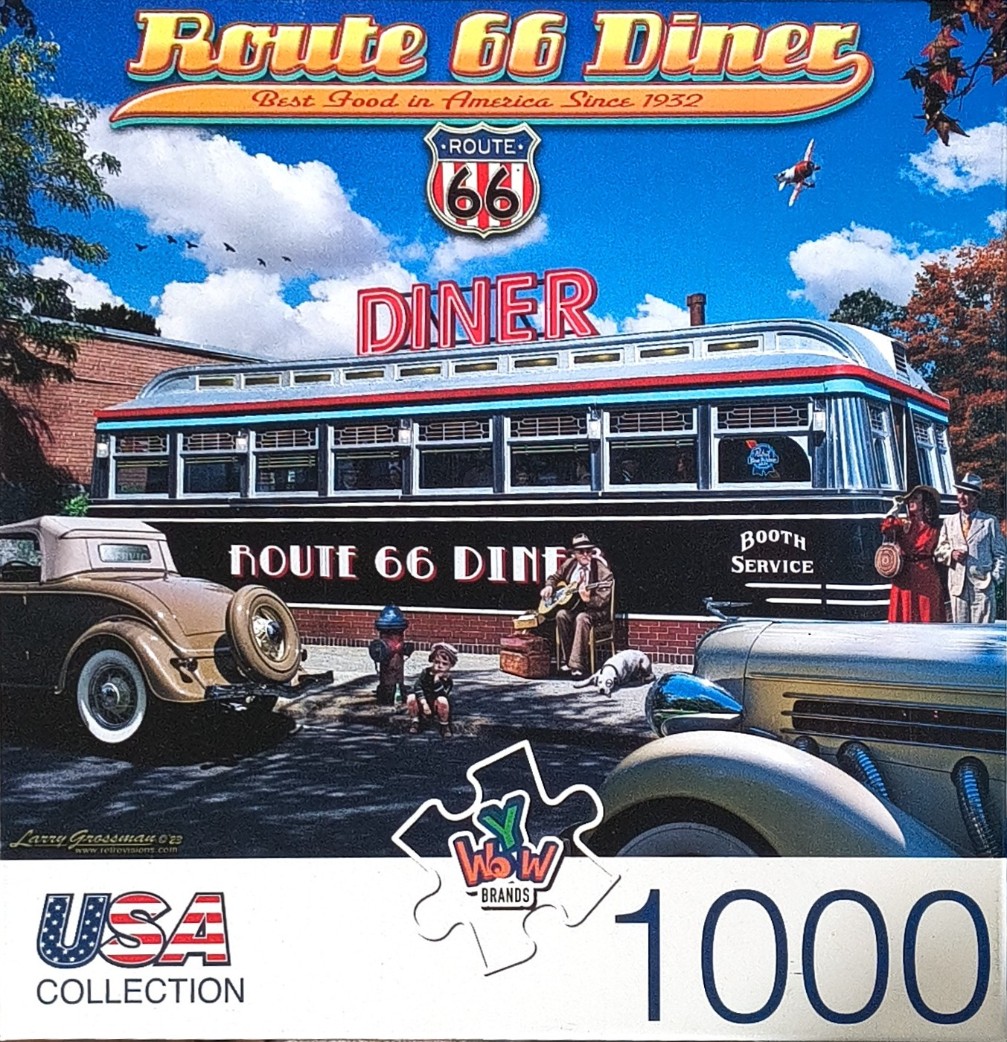 A vintage-style illustration of a Route 66 diner scene with classic cars and 1930s-era figures.