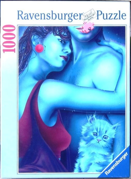 A digital painting of a woman embracing a man in blue light, with a small fluffy kitten in the foreground.