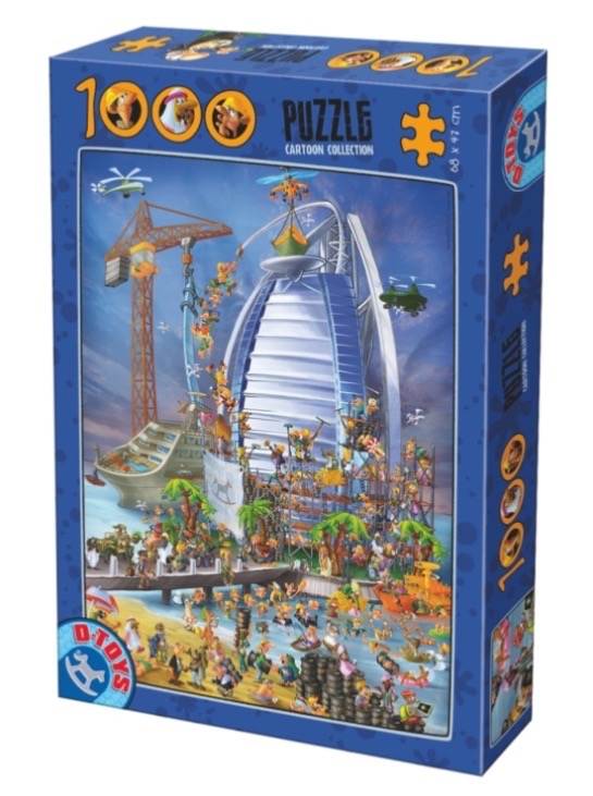 Cartoon illustration of a construction scene at the Burj Al Arab hotel in Dubai with many characters.