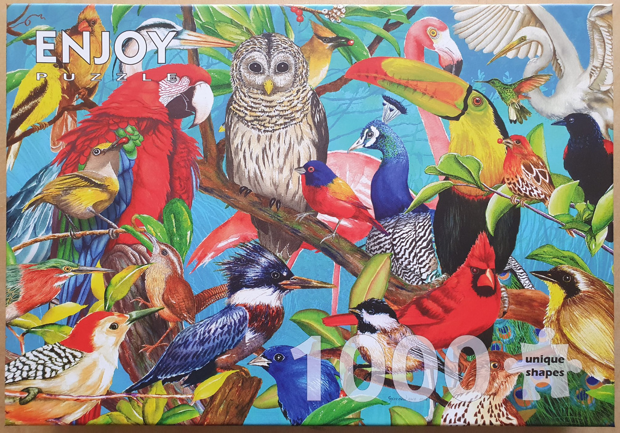 A dense illustration of many different bird species from around the world perched together on branches.