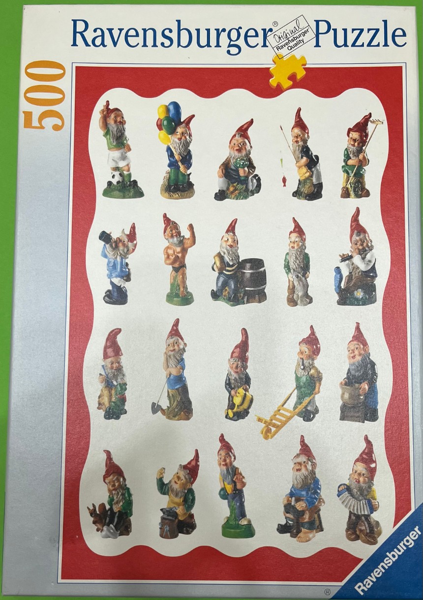 A collection of twenty different garden gnome figurines arranged in a grid against a white background with a red border.