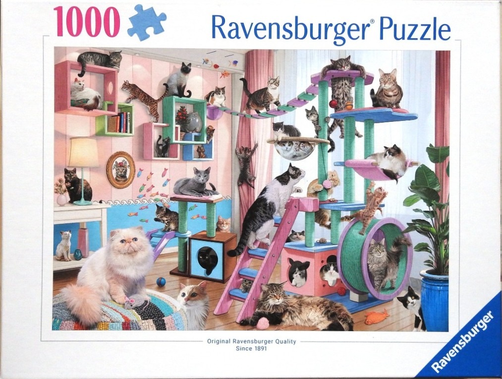 A whimsical illustration of many cats playing on wall shelves and a large multi-level cat tree in a pink room.