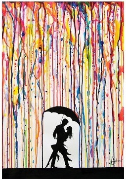 A silhouette of a couple kissing under an umbrella against a backdrop of colorful vertical paint drips.